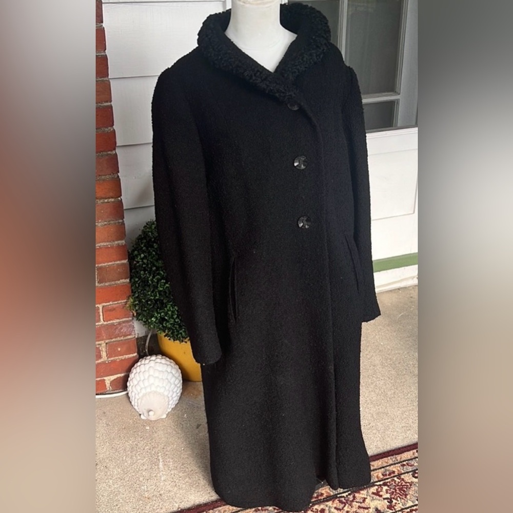 VTG 50s Black Boucle Swing Coat with Persian Lamb Collar